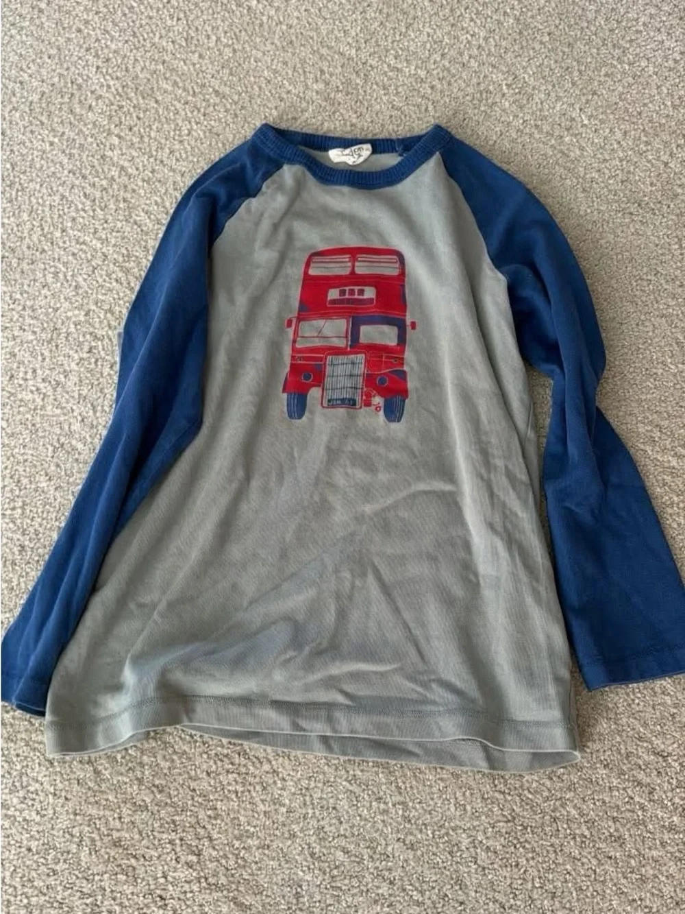 Mini Boden Blue Raglan Long-Sleeve Tee with Red Bus Graphic